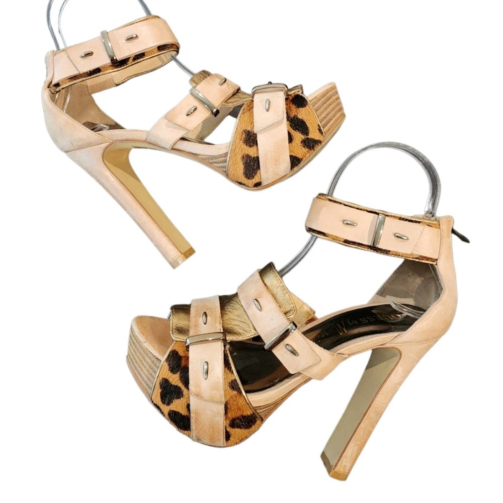 Guess by Marciano Tan leather and leopard print Calf Hair Sandals SIZE 5.5M